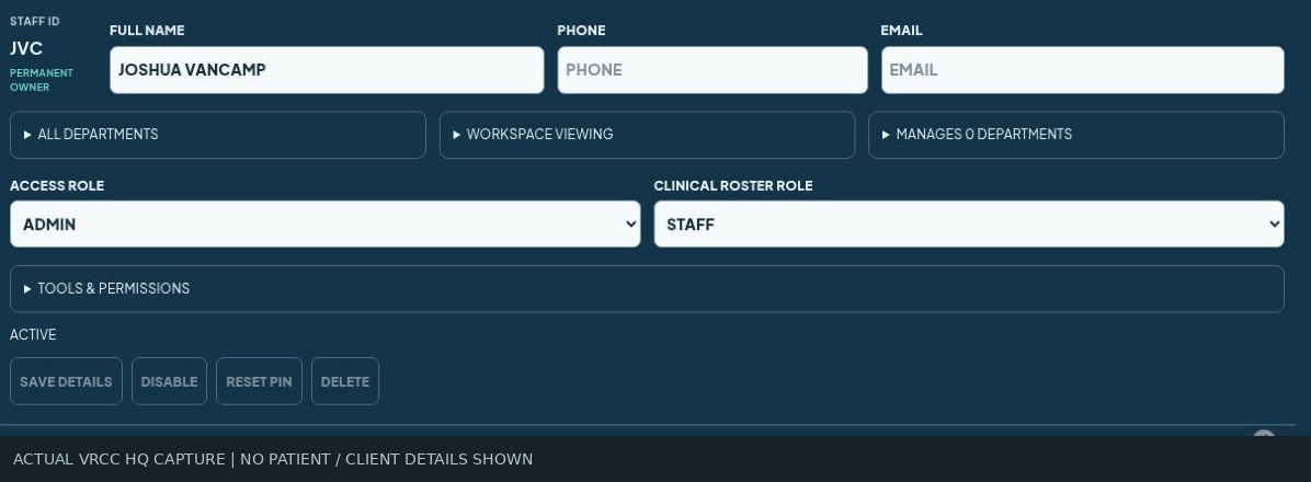 Owner account panel showing department membership, access role and tool permissions. Contact fields are empty; no access was changed.