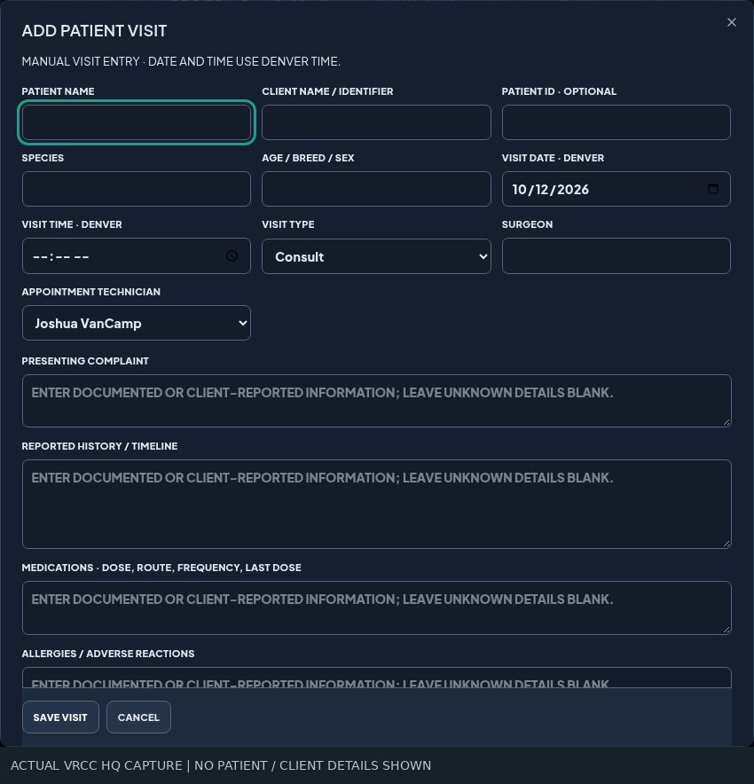 Actual patient visit intake form with presenting complaint, history, medications and allergies. Empty form; no patient/client data entered.