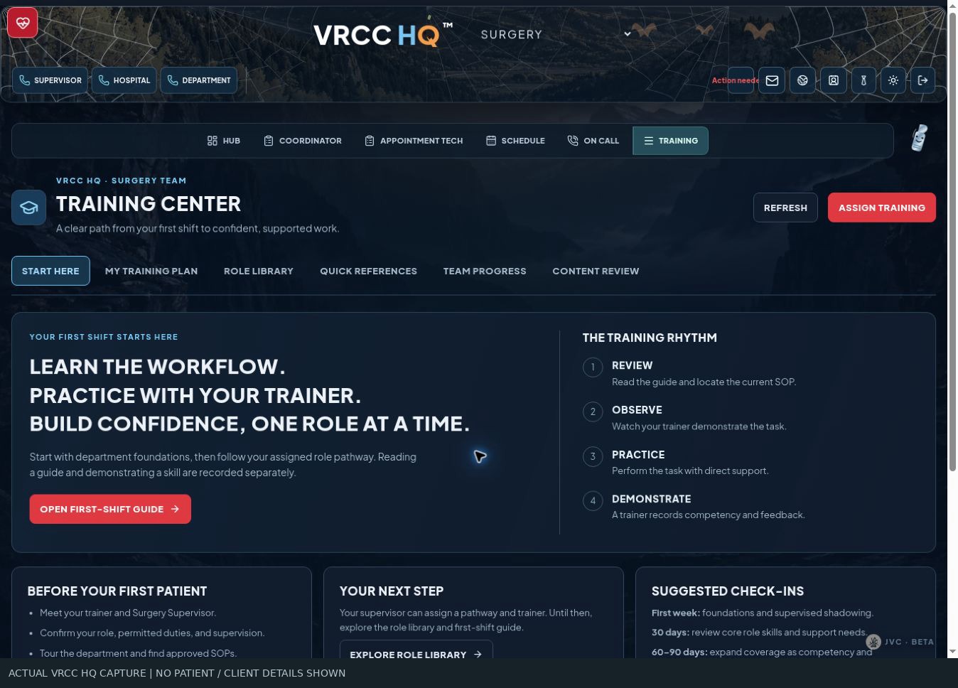 Actual Surgery training center with first-shift guide, role library, training plans and review tools.